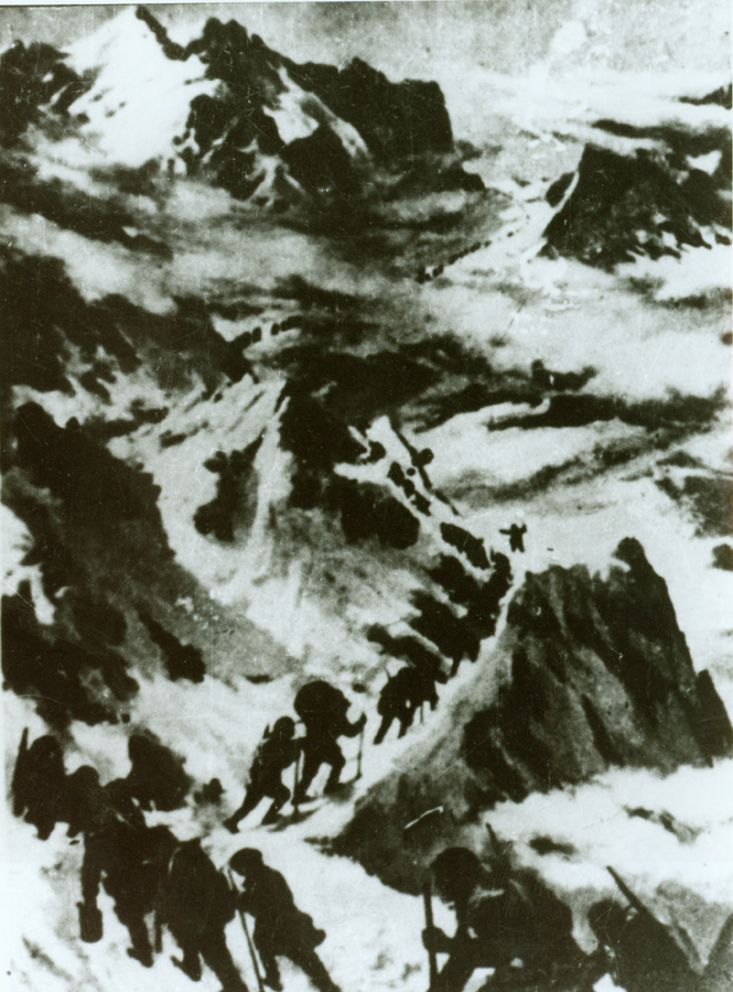 ↑資料圖片：紅軍過打鼓山。（圖片由陸軍第16集團(tuán)軍某紅軍團(tuán)提供）
