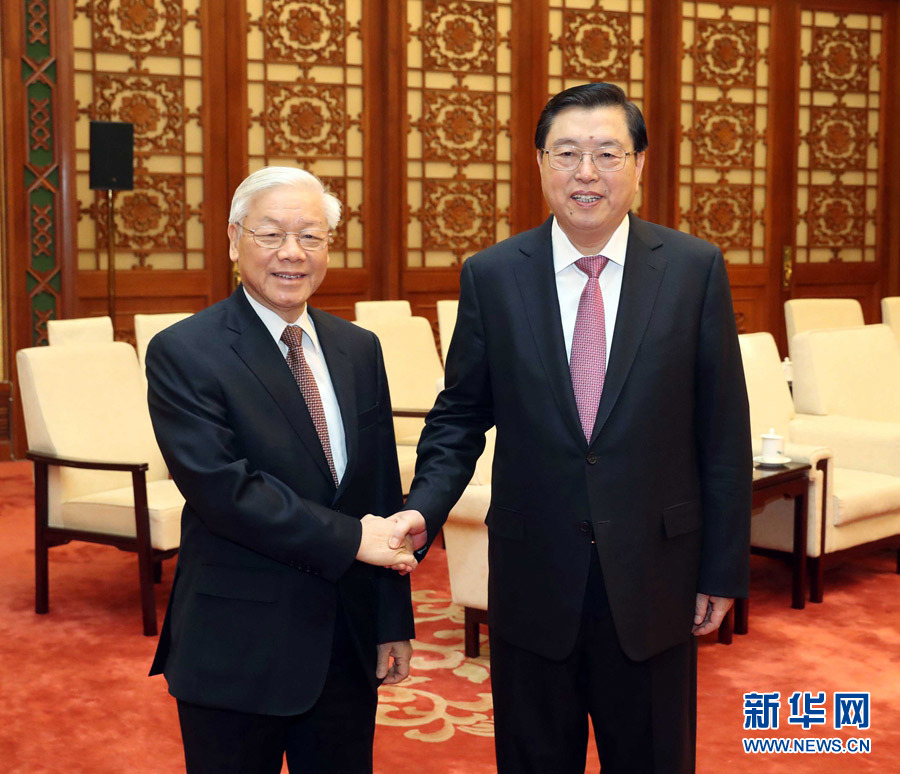 1月13日，中共中央政治局常委、全國人大常委會委員長張德江在北京人民大會堂會見越共中央總書記阮富仲。 新華社記者 劉衛(wèi)兵 攝