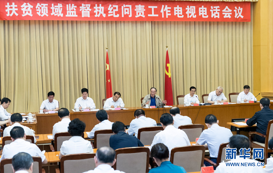 7月3日，中共中央政治局常委、中央紀委書記王岐山在北京出席扶貧領(lǐng)域監(jiān)督執(zhí)紀問責工作電視電話會并講話。 新華社記者丁海濤攝