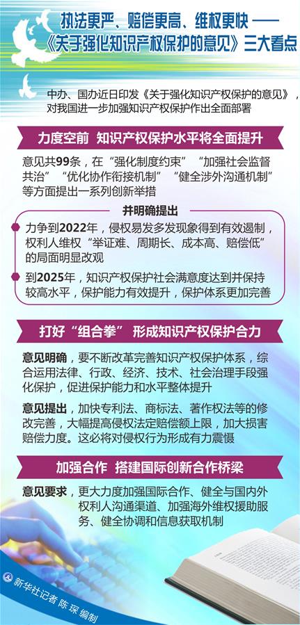 （圖表）[新華調(diào)查]執(zhí)法更嚴(yán)、賠償更高、維權(quán)更快——《關(guān)于強(qiáng)化知識產(chǎn)權(quán)保護(hù)的意見》三大看點(diǎn)