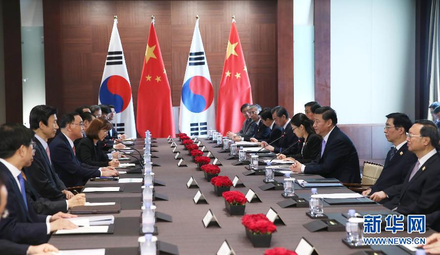 7月4日，國家主席習(xí)近平在首爾會見韓國總理鄭烘原。 新華社記者謝環(huán)馳攝 