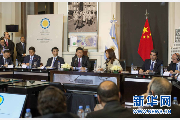 當?shù)貢r間7月18日，國家主席習近平在布宜諾斯艾利斯同阿根廷總統(tǒng)克里斯蒂娜舉行會談。 新華社記者 李學仁 攝