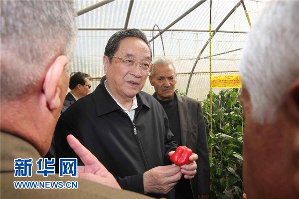 11月8日，正在約旦進行正式友好訪問的全國政協(xié)主席俞正聲在約旦河谷參觀碩果農(nóng)業(yè)合作社。 新華社記者 劉衛(wèi)兵 攝 