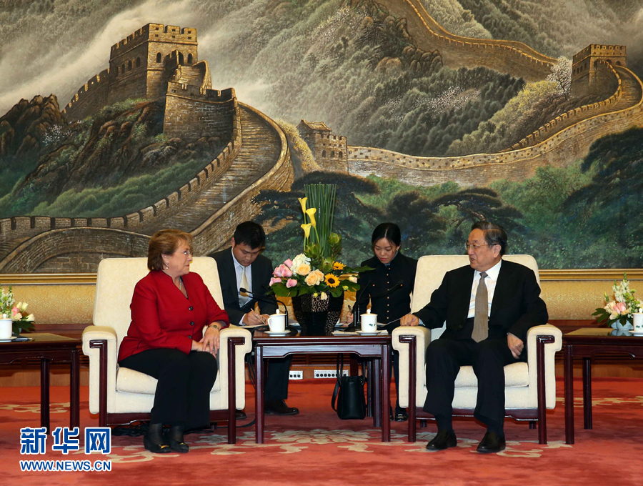 11月11日，全國(guó)政協(xié)主席俞正聲在北京人民大會(huì)堂會(huì)見智利總統(tǒng)巴切萊特。 新華社記者 劉衛(wèi)兵 攝