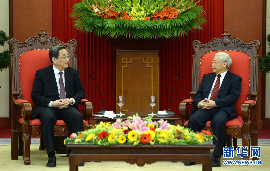 12月25日至27日，中共中央政治局常委、全國政協(xié)主席俞正聲對越南進(jìn)行正式訪問。這是12月26日，俞正聲在河內(nèi)會見越共中央總書記阮富仲。 新華社記者馬占成攝