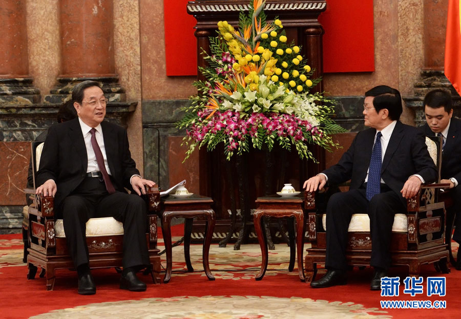 12月25日至27日，中共中央政治局常委、全國政協(xié)主席俞正聲對越南進(jìn)行正式訪問。這是12月26日，俞正聲在河內(nèi)會見越南國家主席張晉創(chuàng)。 新華社記者劉建生攝