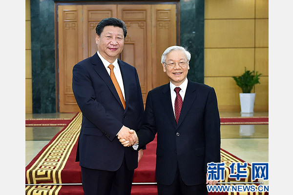 11月5日，中共中央總書記、國家主席習近平在河內同越共中央總書記阮富仲舉行會談。 新華社記者李濤攝