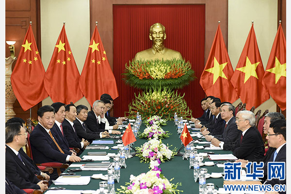 11月5日，中共中央總書記、國家主席習近平在河內同越共中央總書記阮富仲舉行會談。 新華社記者李學仁攝